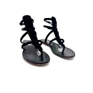 Prada Black Leather T Strap Flat Sandals Ruffled Trim Ankle Buckle EU 38